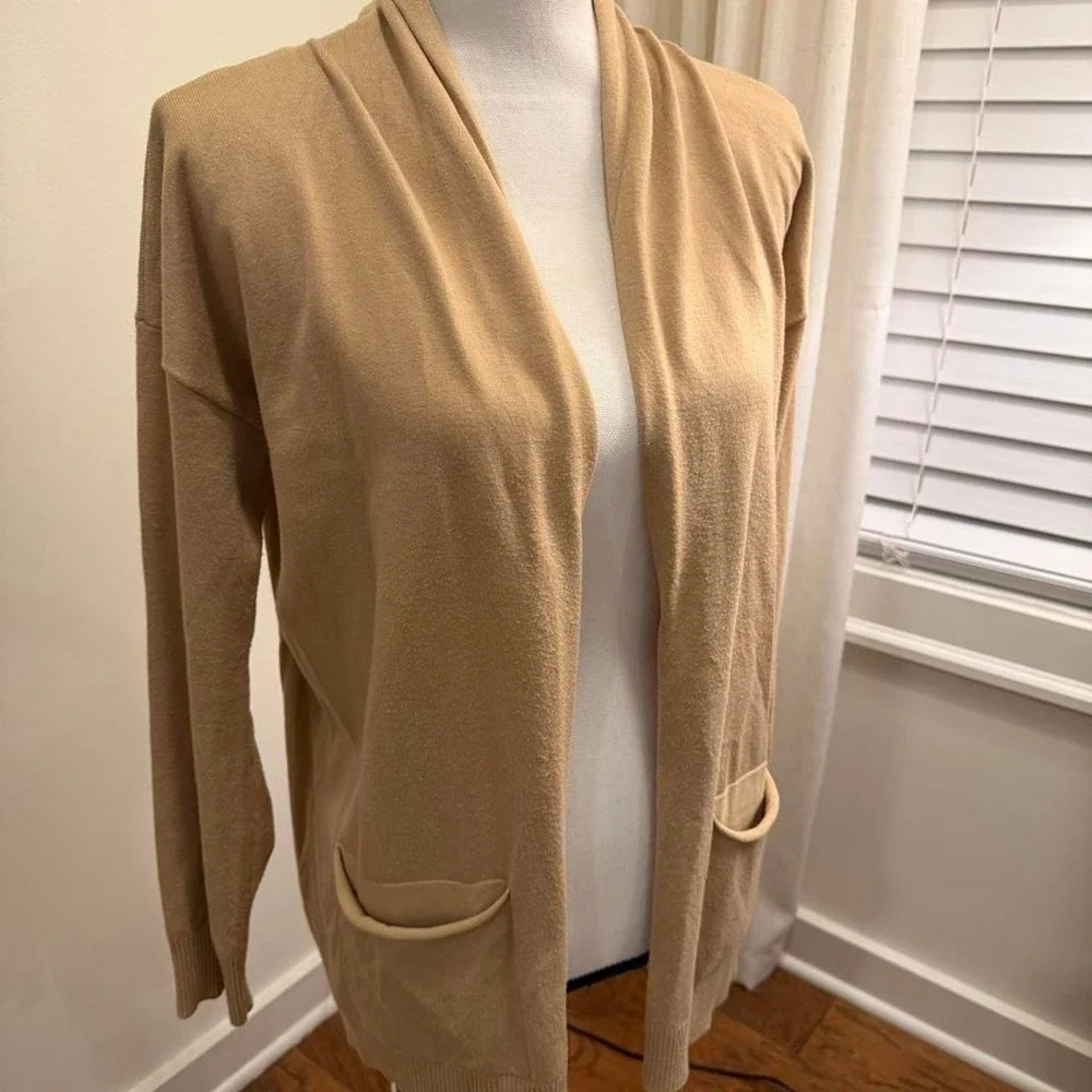 Cyrus Womens Tan Camel Open Front Shawl Collar Cardigan Sweater Size Small